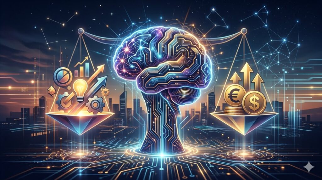 An abstract concept representing the final verdict of a Claude Opus 4.8 review balancing artificial intelligence capability against financial investment value.
