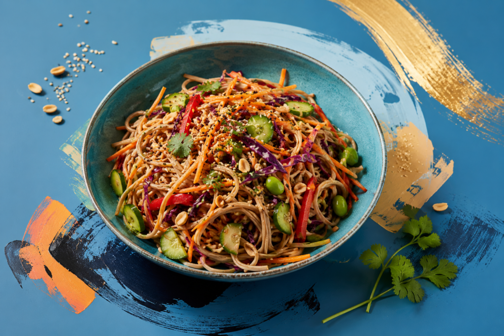 Cold sesame peanut soba noodle salad in a blue bowl as one of the best fiber-rich summer recipes