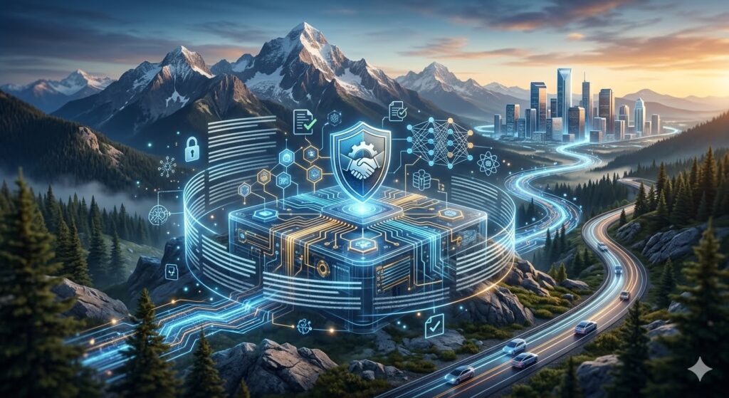 A high-quality conceptual featured image showing a secure AI data hub with digital shields set against Colorado mountains and a modern tech city for Colorado AI Act compliance.