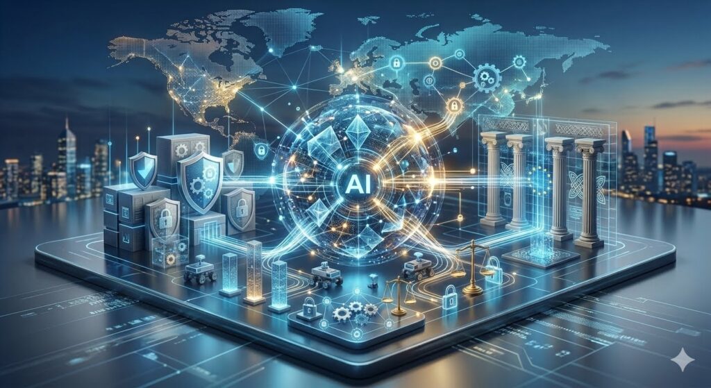 A detailed abstract technology platform showcasing secure data architecture, digital shields, and international legal frameworks for mastering Colorado AI Act compliance.