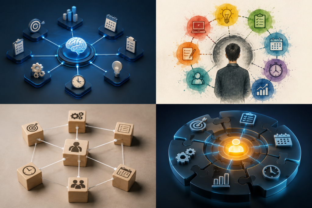 A modern visual representation of a connected productivity system featuring linked planning tools, goals, schedules, analytics, and workflow elements working together in an integrated network.
