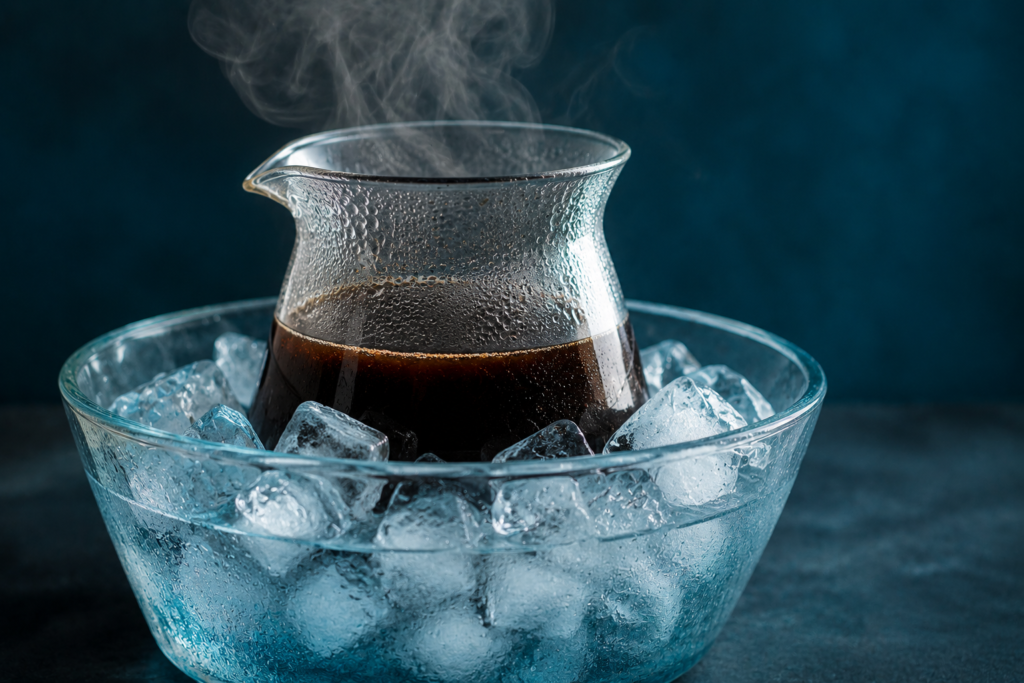Cooling the hot coffee base in an ice bath to protect the Chilled Einspänner Coffee Recipe flavor