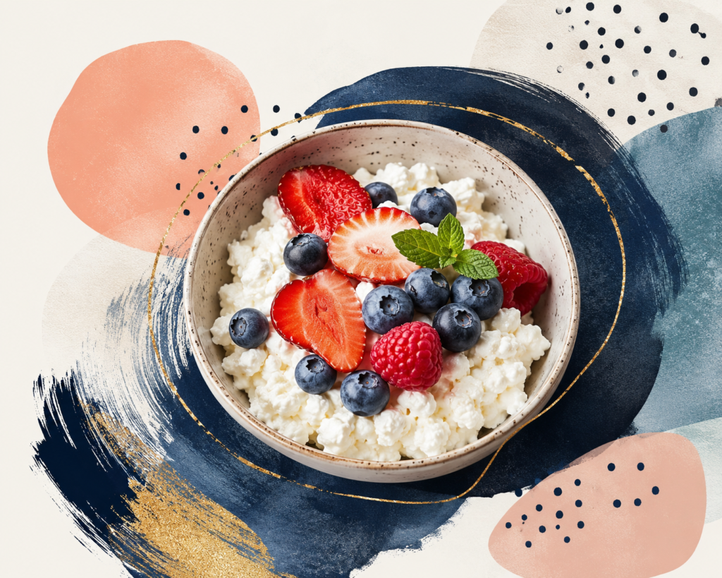 A ceramic bowl filled with white cottage cheese topped with fresh strawberries, blueberries, raspberries, and a mint leaf.