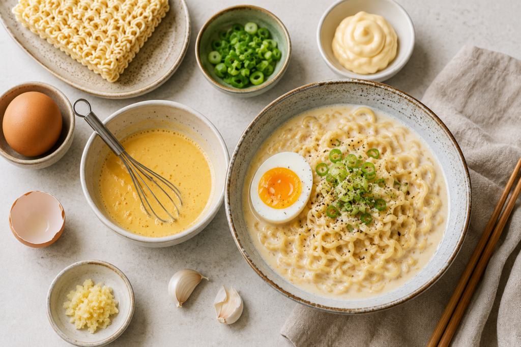 Creamy Kewpie mayonnaise and egg emulsion ramen with soft-boiled egg, scallions, garlic, and rich velvety broth, surrounded by fresh ingredients used for the ramen hack.