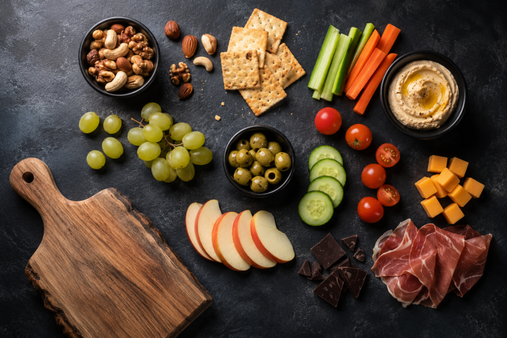  A wooden grazing platter featuring sliced dill pickle coins, fresh mango spears, a bowl of liquid chamoy, and Tajin seasoning.