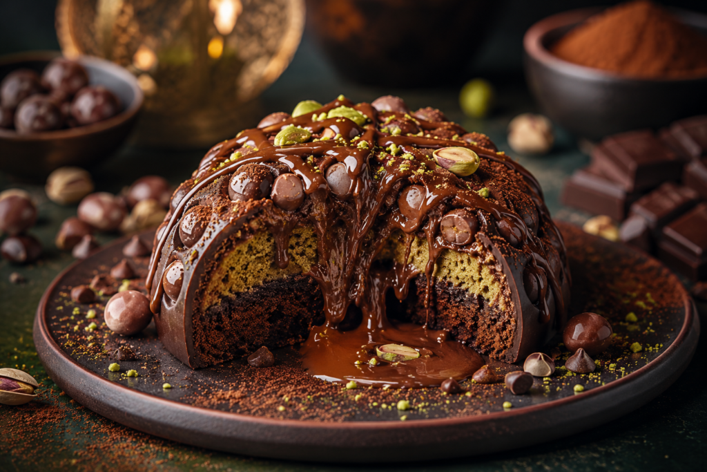 Dubai Chocolate Chewy Cookie Recipe featuring a rich chocolate dessert with a gooey center and crunchy pistachio filling