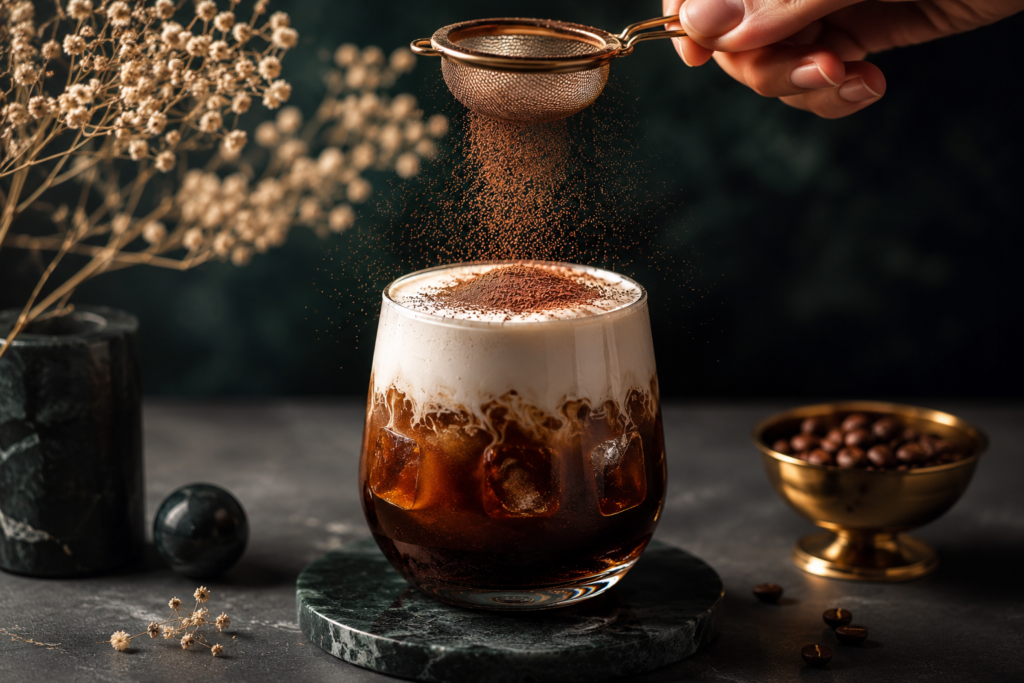 Dusting premium cocoa powder over the cream surface of a Chilled Einspänner Coffee Recipe