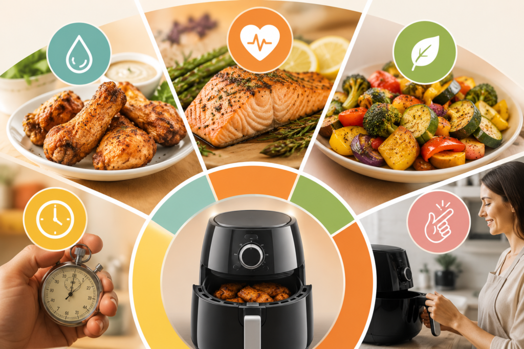 Easy Air Fryer Dinner Recipes infographic showing healthy meals, crispy chicken, salmon, roasted vegetables, quick cooking benefits, and convenient air fryer cooking for busy families.