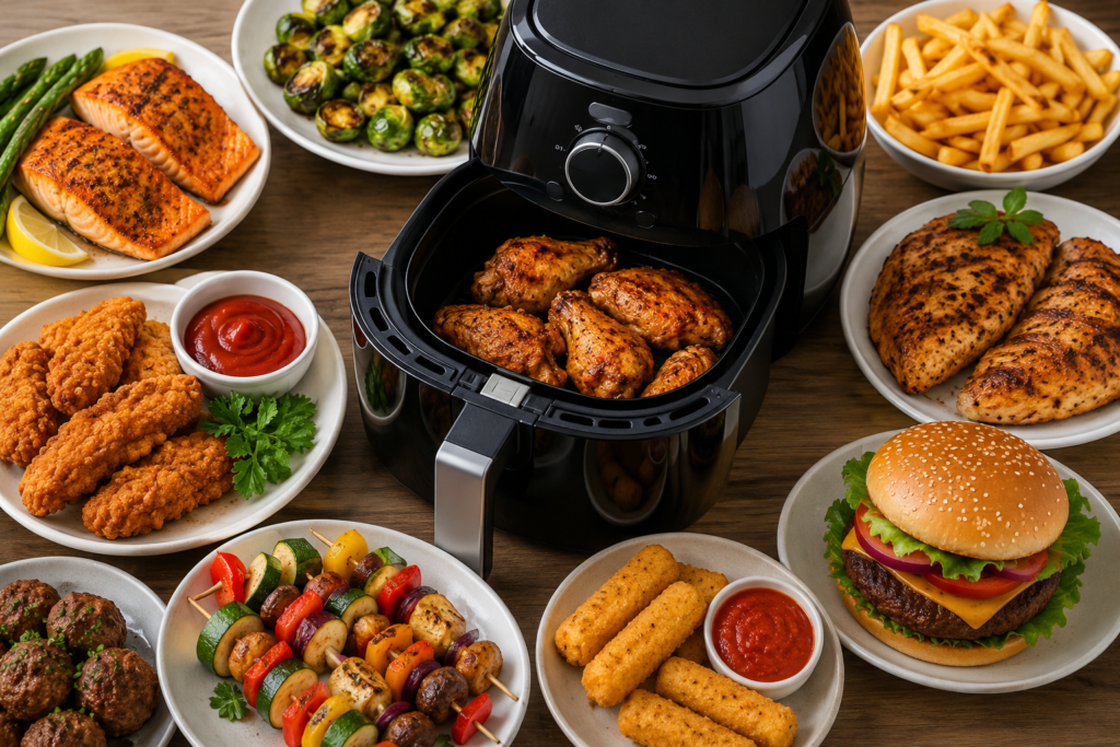 Easy Air Fryer Dinner Recipes featuring crispy chicken wings, salmon, burgers, fries, vegetables, and other perfectly cooked dinner meals arranged around an air fryer.