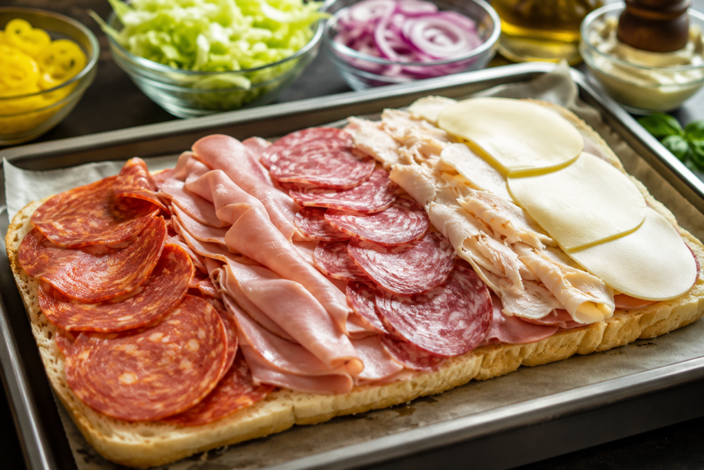 Easy grinder sliders recipe showing layered deli meats and cheese arranged on slider bread before baking