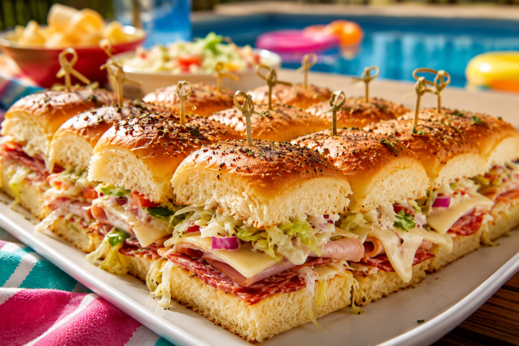 Easy grinder sliders recipe with melted cheese deli meats and fresh toppings served poolside