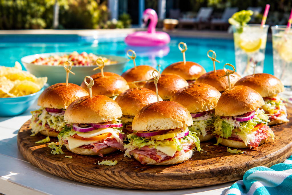 Easy grinder sliders recipe served on wooden board with fresh toppings at a sunny pool party setting