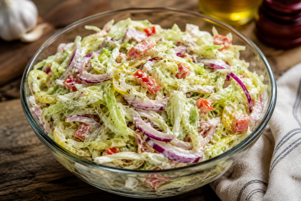 Easy grinder sliders recipe featuring creamy tangy grinder salad with lettuce onions and dressing in a bowl