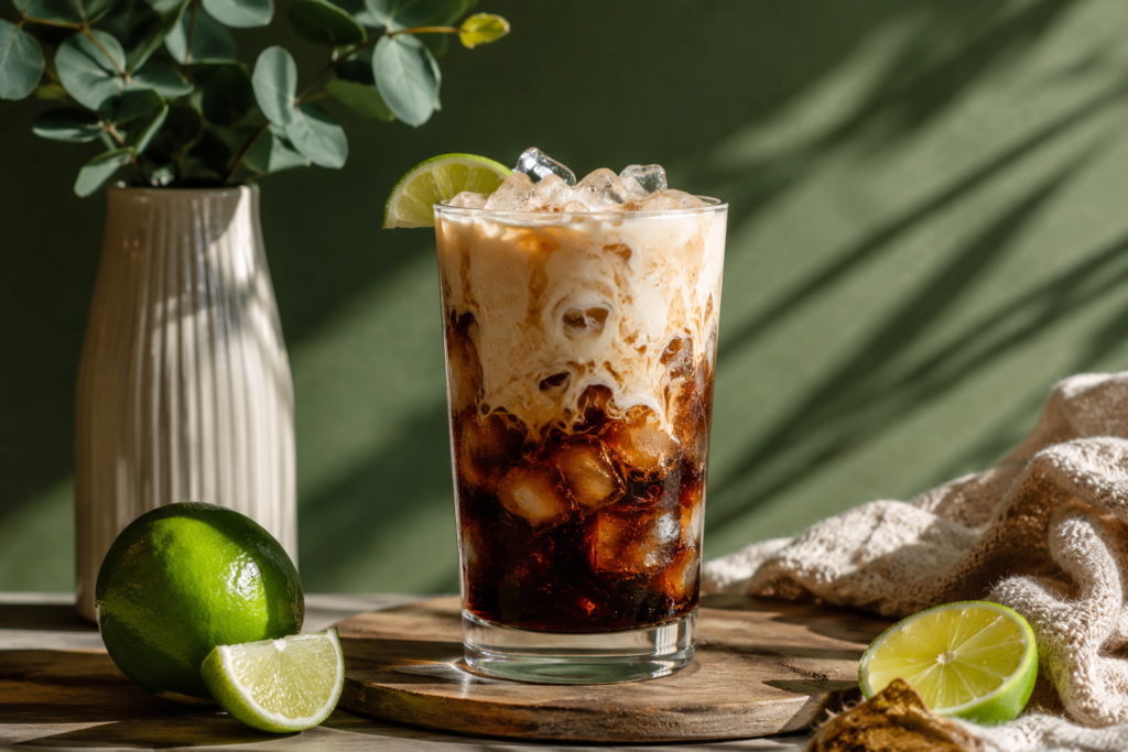 The ultimate easy protein dirty soda recipe displayed as a featured image on a wooden board with fresh green limes and tropical sunlight shadows.