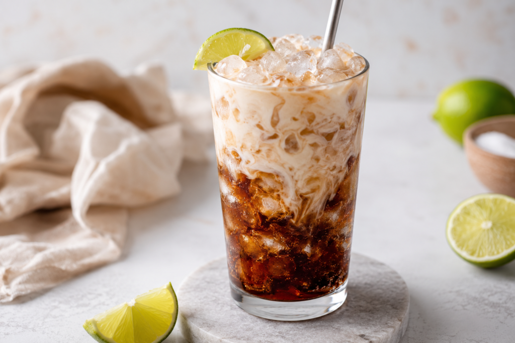 An ice-cold glass of easy protein dirty soda recipe prepared with diet coke, crushed ice, vanilla protein shake marbling, and fresh lime garnish.