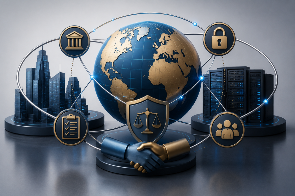 3D illustration of global enterprise governance and cross-border compliance strategy with globe, security shield, data servers, and business network connections