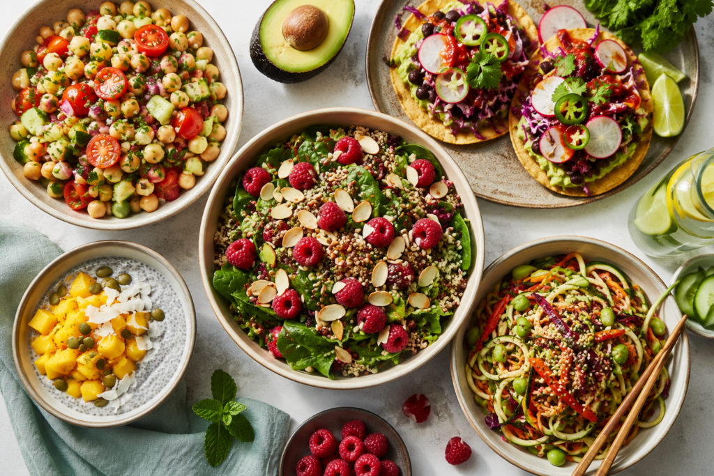Seven quick and healthy fiber-rich summer recipes served fresh in bowls on a bright kitchen table