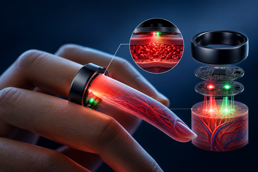 Finger-based blood pressure tracking technology showing a smart ring using optical sensors to measure blood flow and monitor health metrics