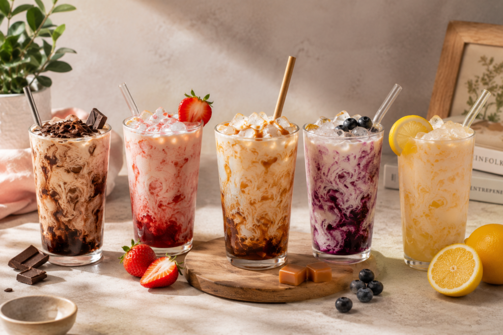 Five colorful glasses showcasing flavor customizations and sugar free protein soda variations including chocolate, strawberry, caramel, blueberry, and citrus.