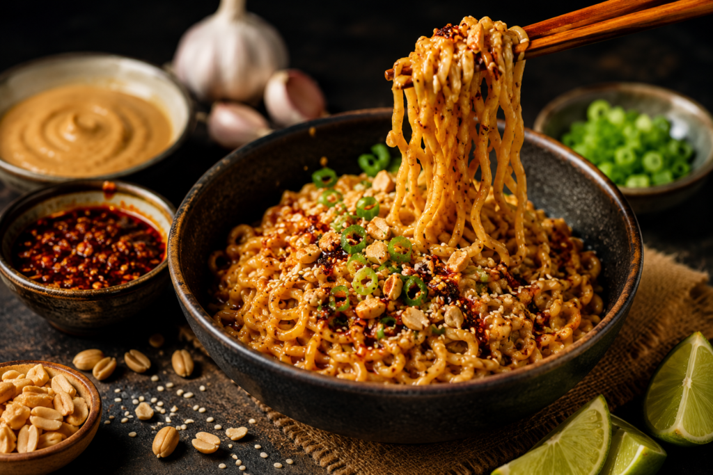 Garlicky chili crisp and peanut butter satay ramen with spicy peanut-coated noodles, chopped peanuts, sesame seeds, scallions, and chili oil in a rustic bowl.