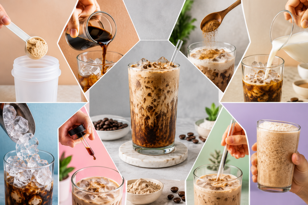 Step by step collage of high protein dirty soda recipes showing mixing ingredients and creamy iced drink