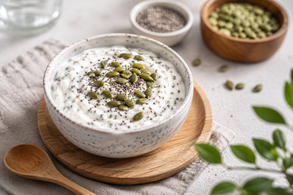 Greek yogurt topped with chia seeds and pumpkin seeds as a Healthy High Protein Snacks option for quick nutrition
