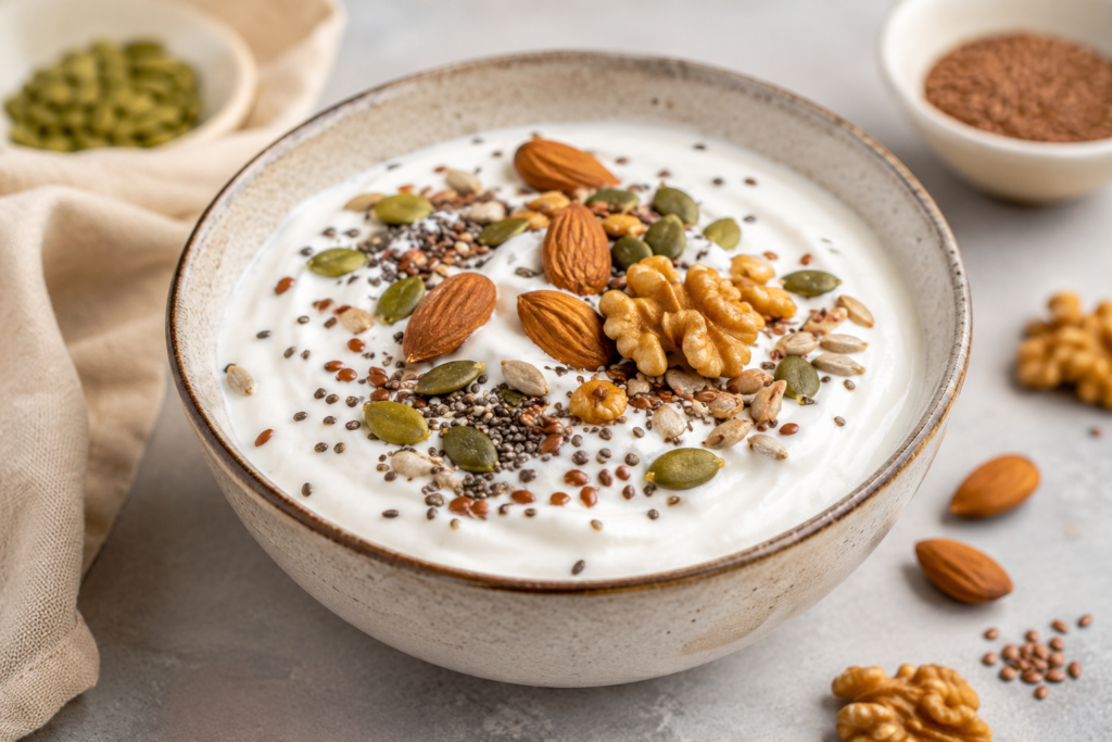 A ceramic bowl filled with unsweetened Greek yogurt topped with almonds, walnuts, pumpkin seeds, and chia seeds.