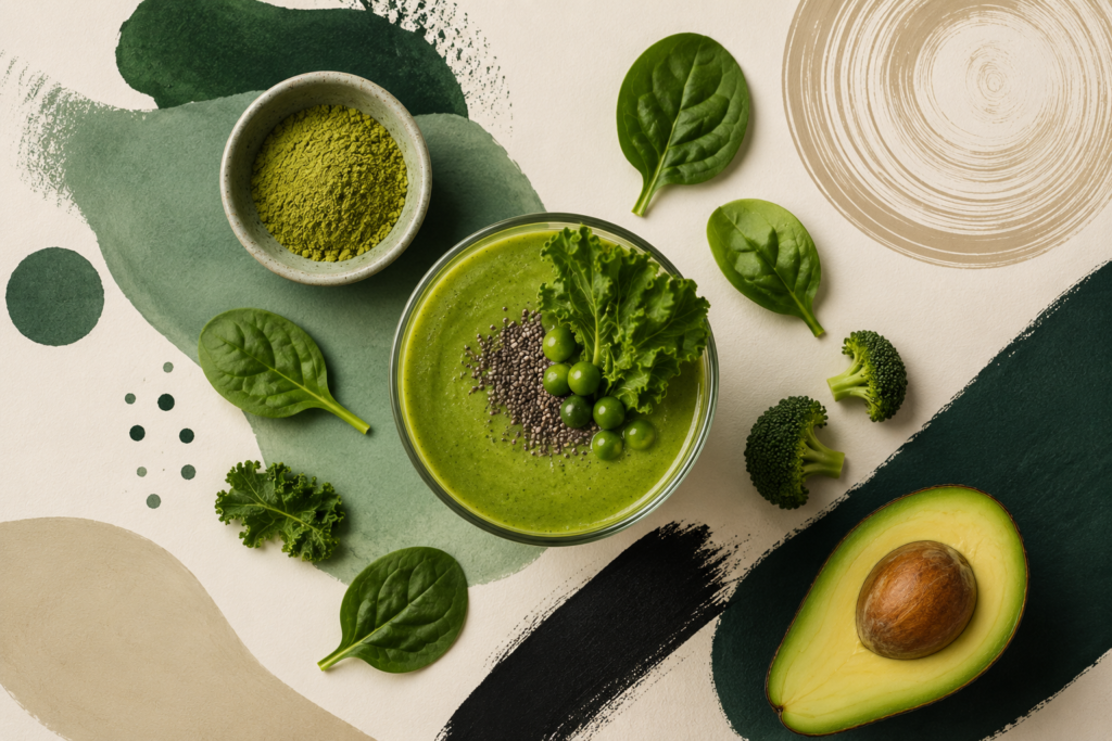 A glass bowl of thick green smoothie topped with chia seeds, surrounded by fresh spinach, kale, broccoli, avocado, and protein powder.