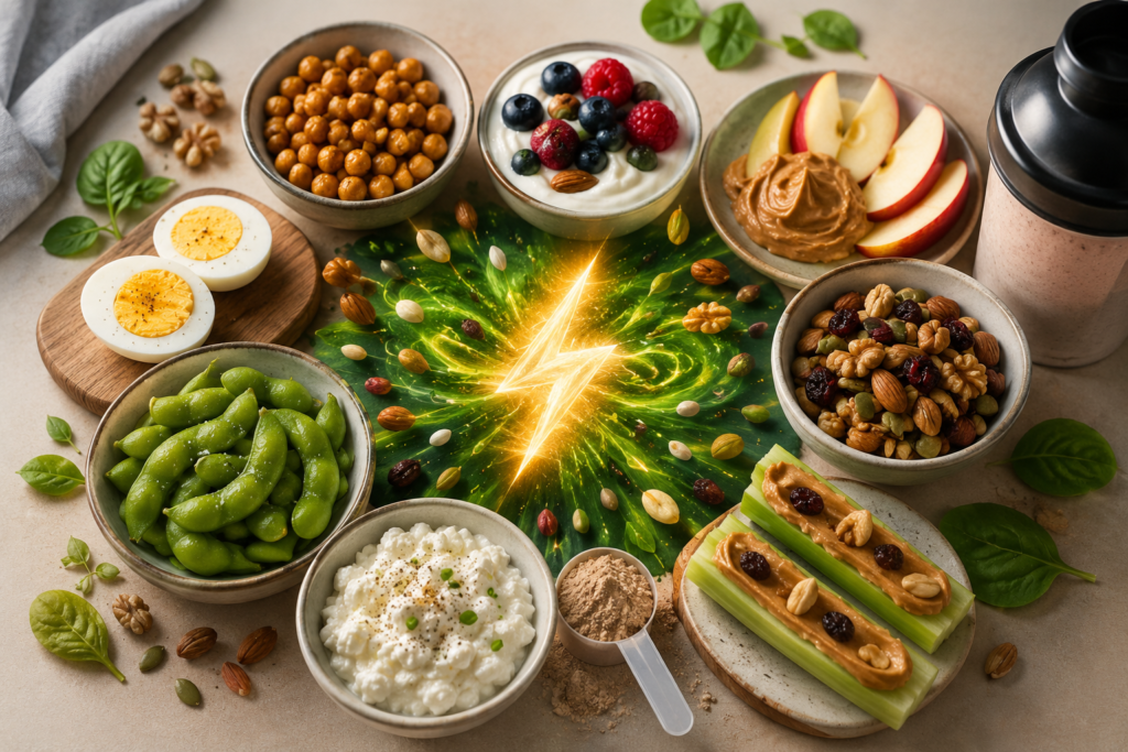 Healthy High Protein Snacks arranged beautifully including eggs, yogurt, nuts, and chickpeas for quick energy boost