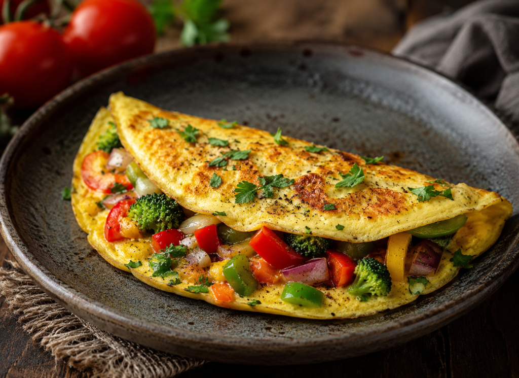 A golden folded vegetable omelette on a dark plate stuffed with bell peppers, broccoli, onions, and topped with fresh herbs.