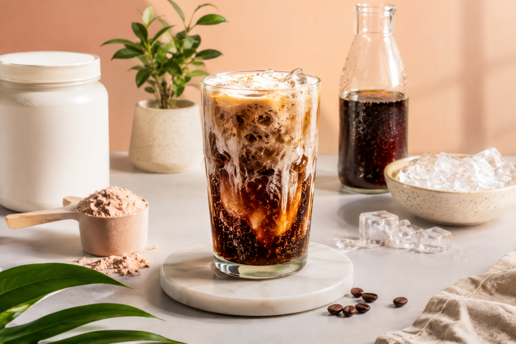 High Protein Dirty Soda Recipes drink with creamy foam and cola in a clean aesthetic setup