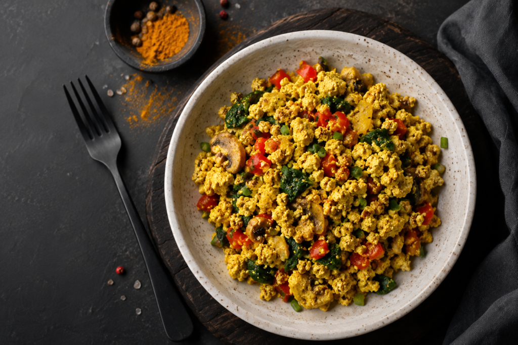 A bowl of yellow tofu scramble cooked with mushrooms, spinach, red bell peppers, and spices served on a dark table.