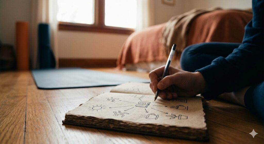 A close-up of a person sketching a daily planner map in a journal on the floor, focusing on building powerful morning routine habits.