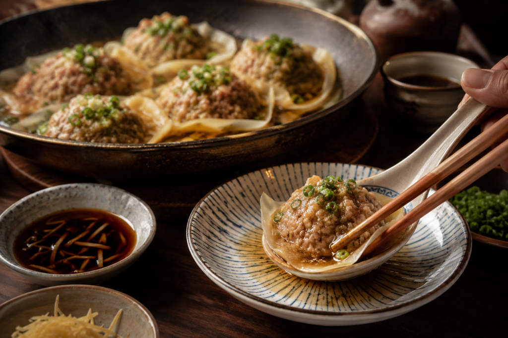 A serving table with a pan of freshly cooked open faced soup dumpling variants, while a hand uses chopsticks to pick one up on a spoon alongside dipping sauce.