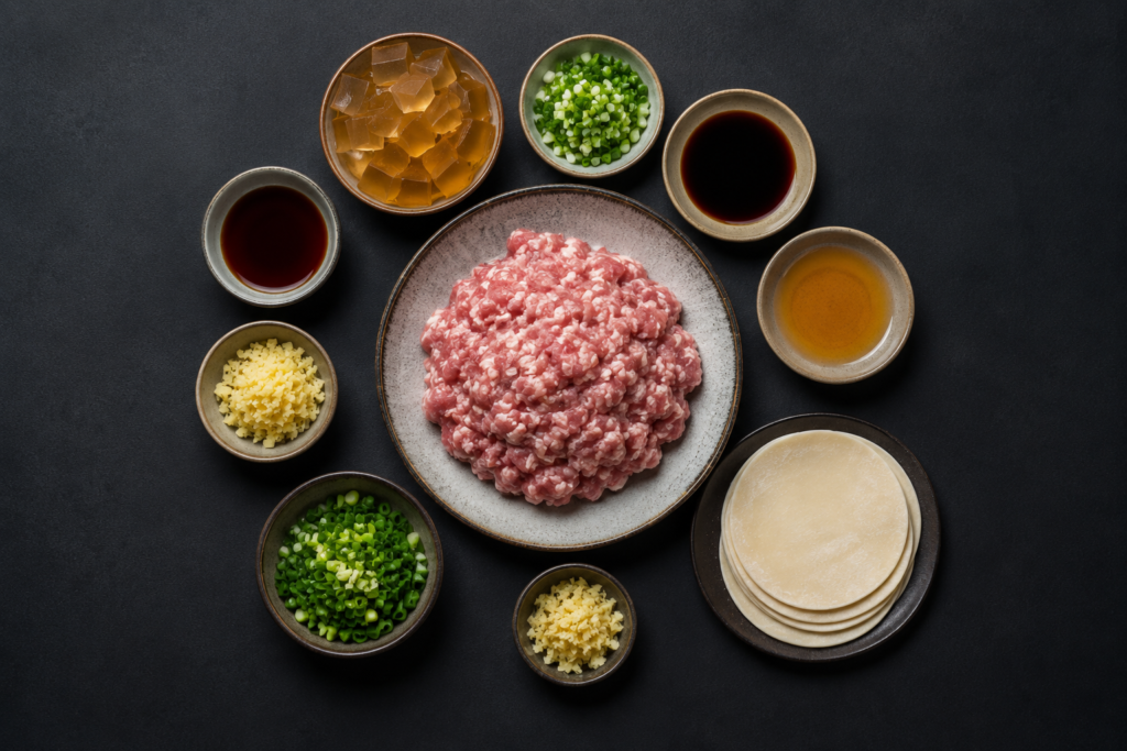 A flat lay view of open-faced soup dumpling ingredients arranged on a dark background, including ground pork, round wonton wrappers, cubed broth gelatin, minced scallions, grated ginger, and soy sauce.