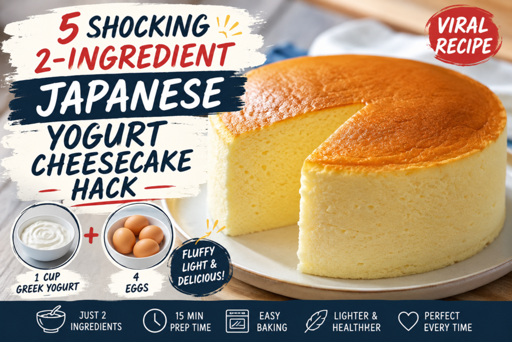 Fluffy Japanese yogurt cheesecake made with 2 ingredients, showing soft airy texture and golden top