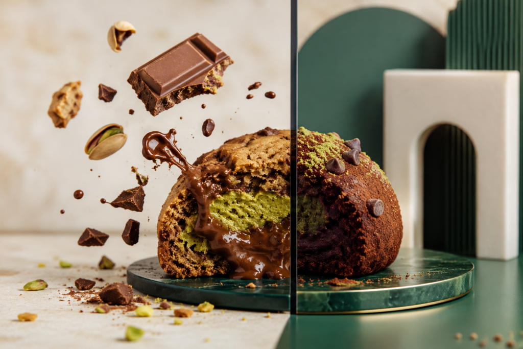 A split view explaining the Korean Dubai chocolate cookie hack with a gooey pistachio filling and melting chocolate layers.