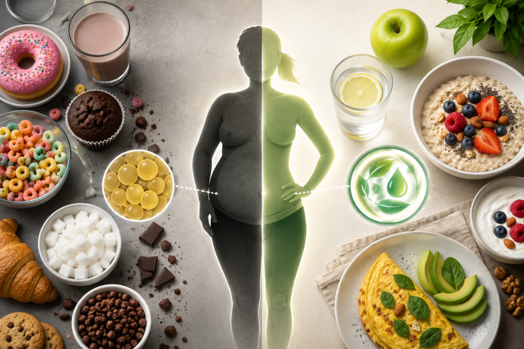 Healthy No-Sugar Breakfast Ideas featuring eggs, avocado, oats, yogurt, and fresh fruits beside a body transformation concept showing the benefits of reducing sugar for belly fat management.