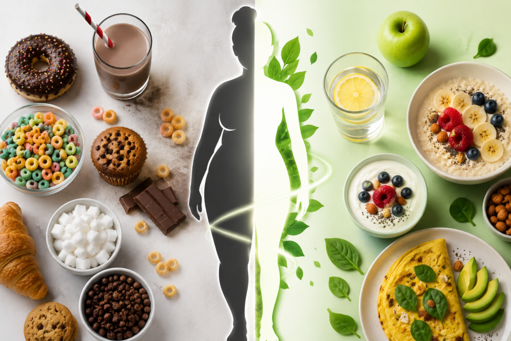 No-Sugar Breakfast Ideas feature image showing a transformation from sugary breakfast foods to healthy protein-rich meals, highlighting natural belly fat loss, improved metabolism, and healthier eating habits.