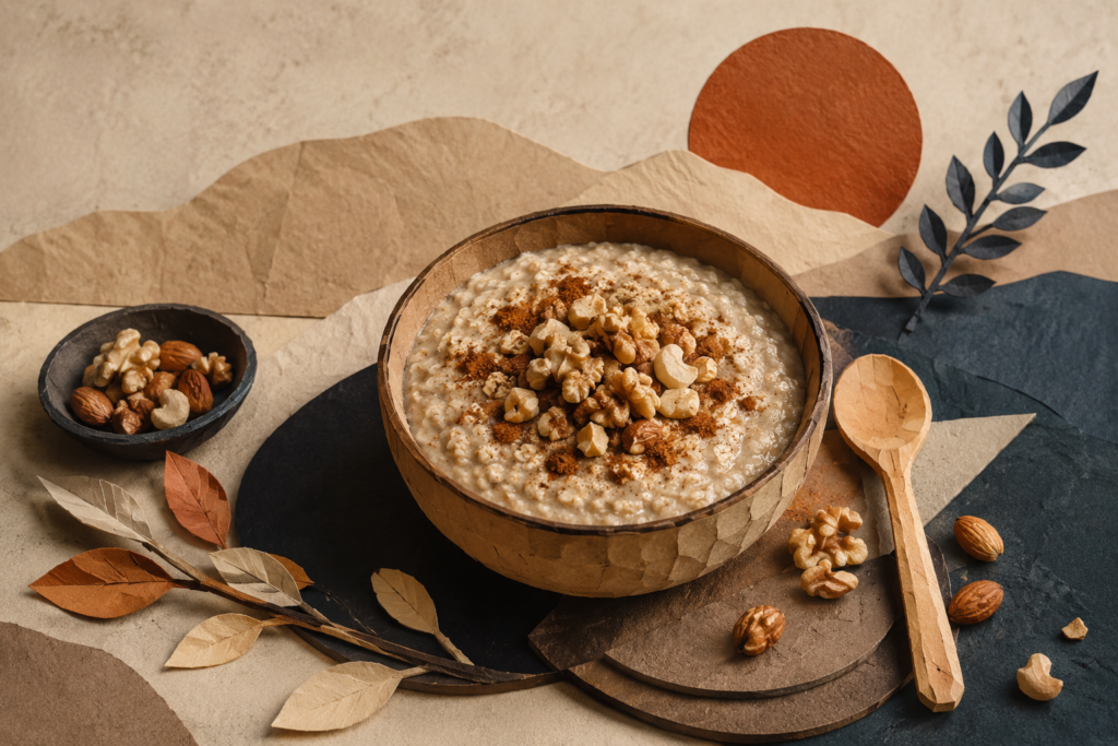 A rustic wooden bowl of cooked plain oatmeal topped with ground cinnamon, walnuts, and cashews, arranged on an artistic background.