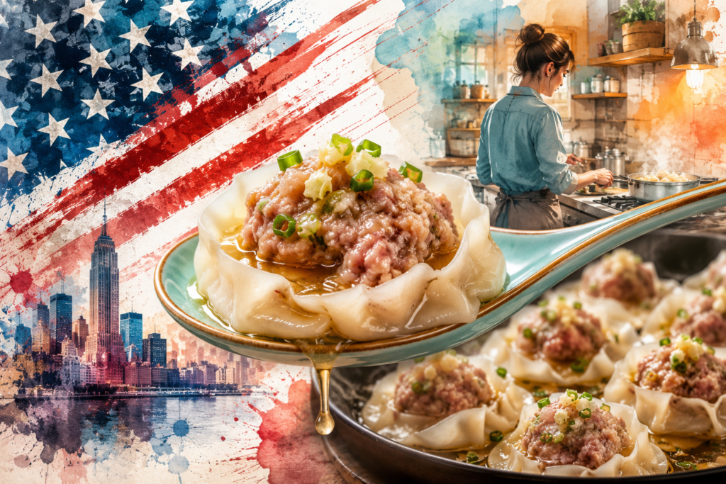A watercolor collage showing an open-faced soup dumpling on a spoon with juicy broth dripping, the US flag, New York skyline, and a woman cooking in the kitchen.