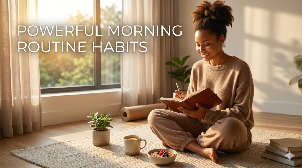 Featured image showing a smiling woman writing in her journal as part of her powerful morning routine habits, with a healthy breakfast and tea on the floor.