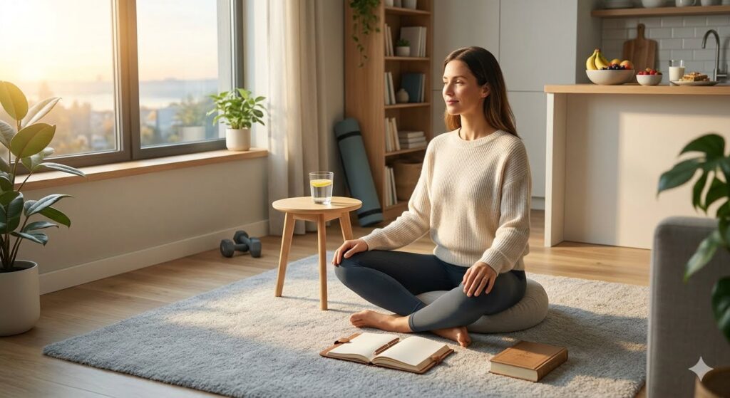 A woman practicing mindfulness and powerful morning routine habits by sitting on a rug in a sunlit living room with a journal, lemon water, and yoga mat nearby.