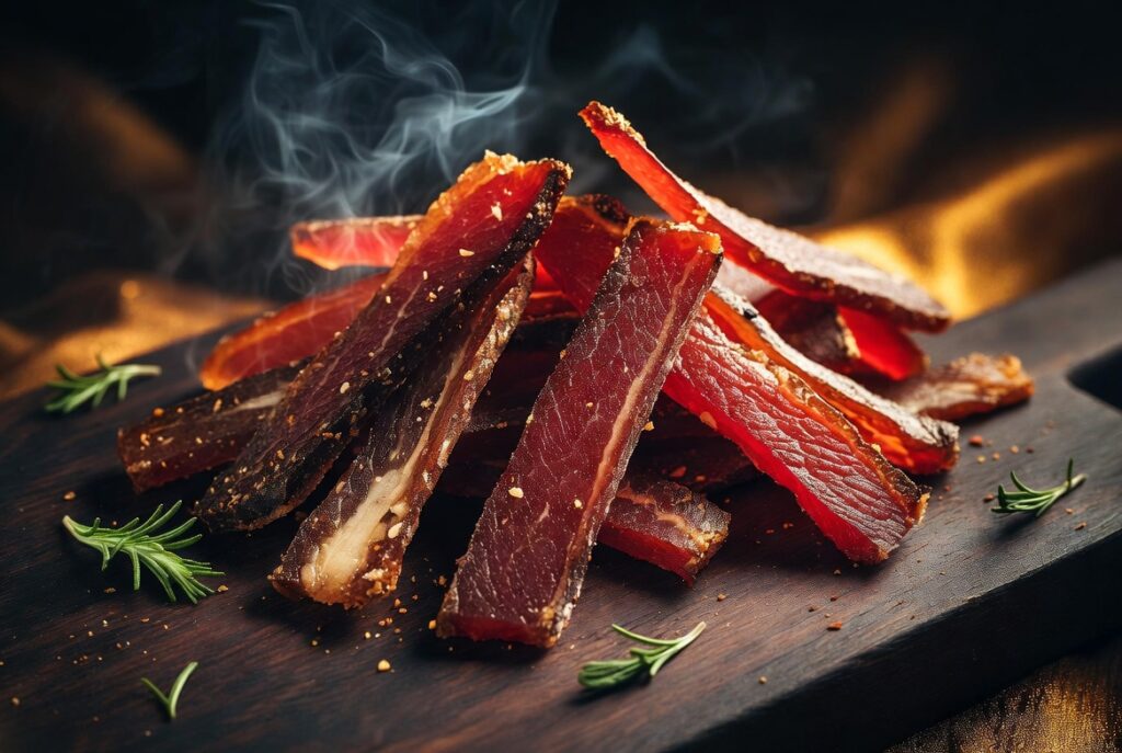 Close-up of premium beef and turkey jerky strips arranged on a dark wooden board with herbs and spices, dramatic food photography