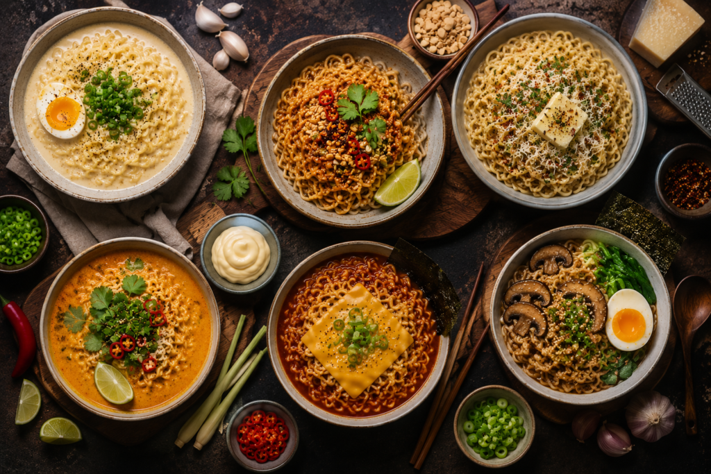 A colorful overhead spread of six upgraded instant ramen bowls featuring creamy, spicy, cheesy, coconut curry, satay, and gourmet noodle variations with fresh toppings and ingredients.