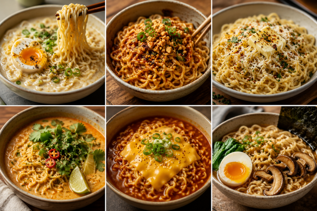 Quick Elevated Instant Ramen Hacks featuring six restaurant-style ramen upgrades including creamy mayo egg ramen, chili crisp satay noodles, brown butter parmesan ramen, Thai coconut curry ramen, gochujang cheese ramen, and sesame ginger noodle salad.