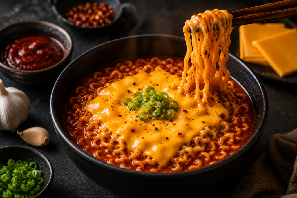 Spicy gochujang ramen topped with melted American cheese, green onions, and rich red broth, with noodles being lifted by chopsticks in a dramatic food photography scene.
