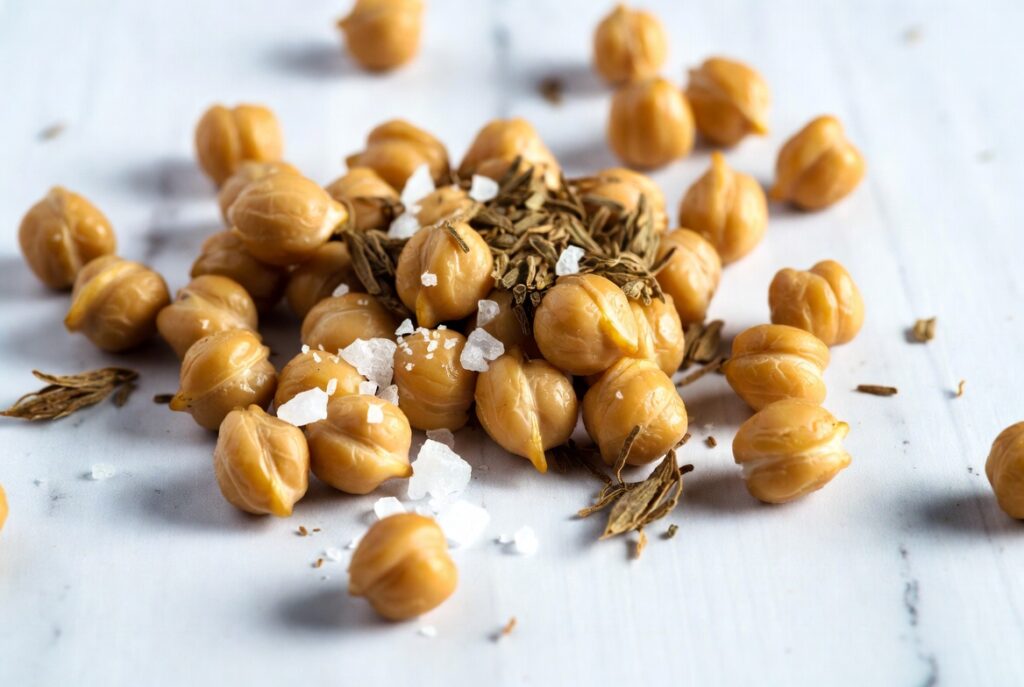 Golden roasted chickpeas with sea salt and cumin on a bright marble surface, fresh appetizing food photography