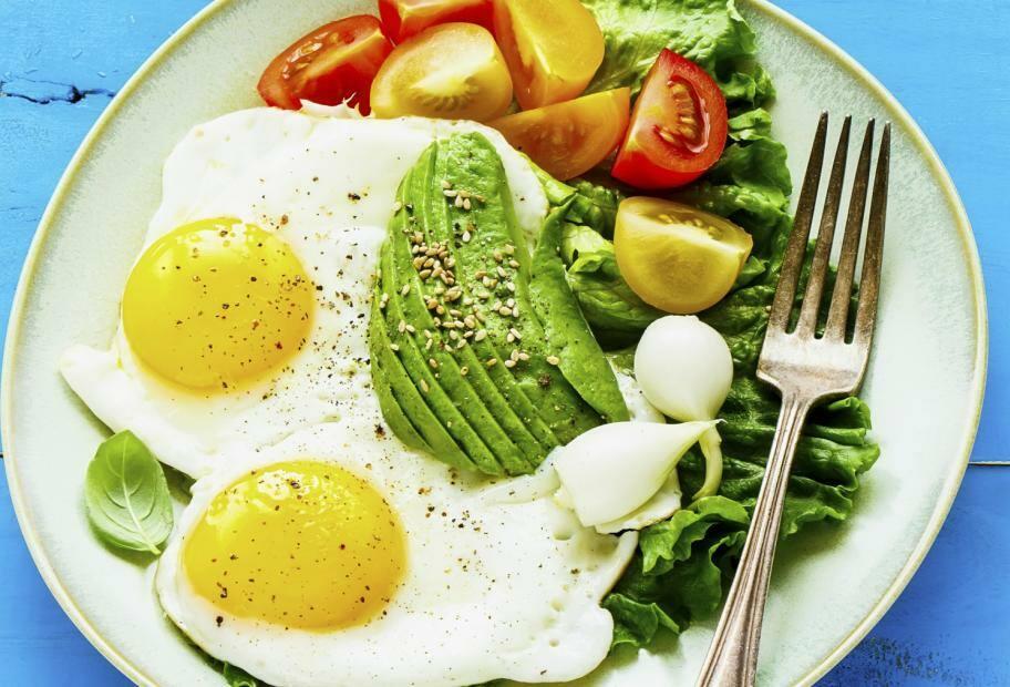 A healthy, no-sugar breakfast plate featuring two sunny side up fried eggs with sliced avocado, cherry tomatoes, and fresh greens.