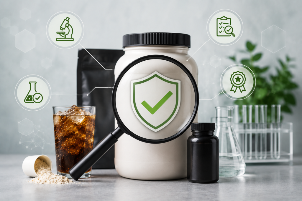 Protein powder container with verification check symbol and lab testing elements showing third party verified ingredients